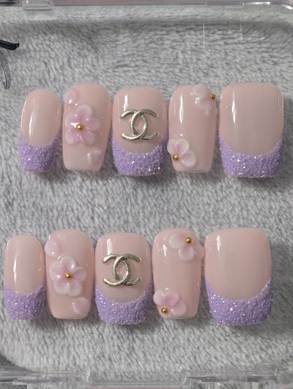 Elegant Blush Pink Press-On Nails with Lavender Glitter Tips